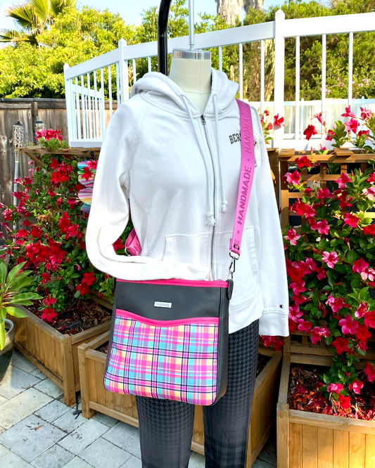 Charcoal Black with Pink Plaid Everyday Crossbody Bag