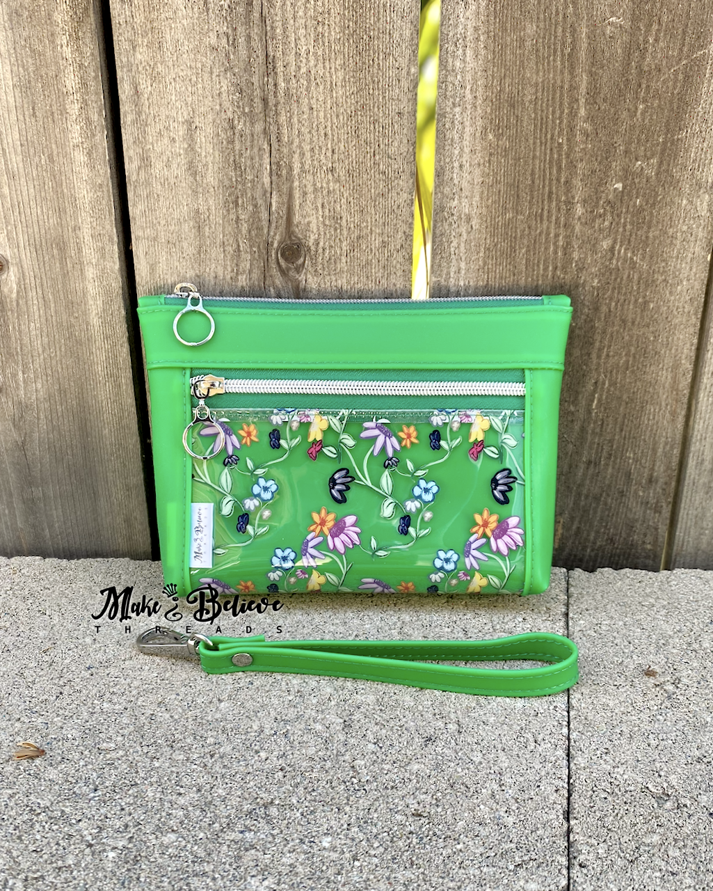 Green Jelly with Clear Flowers Pouch with Wristlet Strap