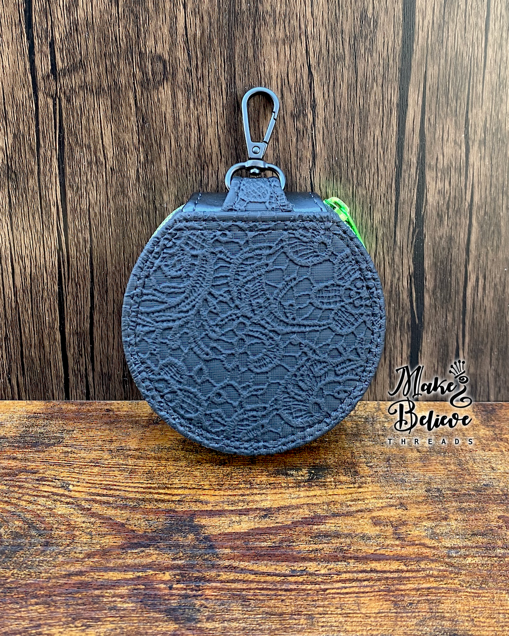 Green Metallic Beetle on Black Lace Circle Pouch with Clip