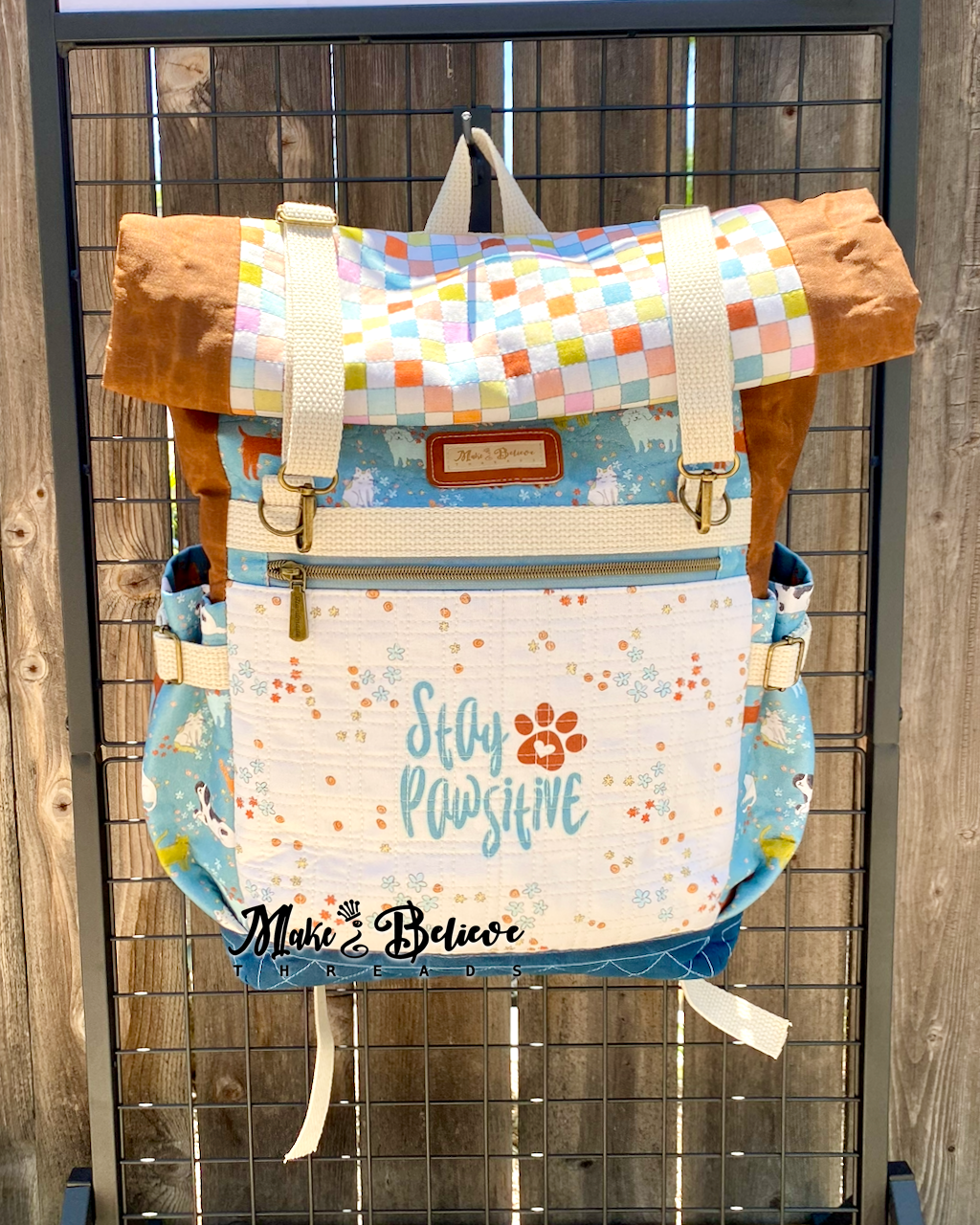 Stay Pawsitive Large Quilted Canvas Rolltop Shabby Chic Backpack