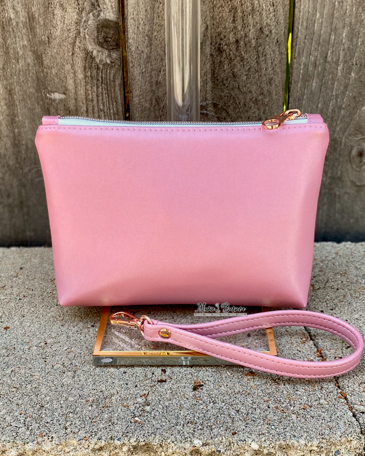 Shimmering Pink Lemonade Roses Pouch with Wristlet Strap