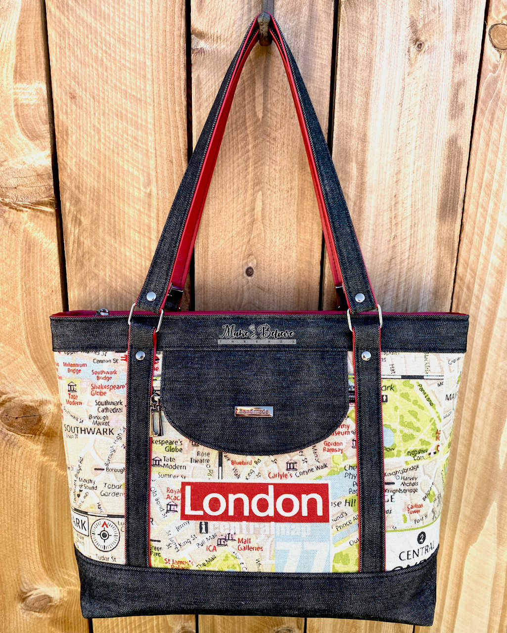 Tote bag with London map design on a wooden background