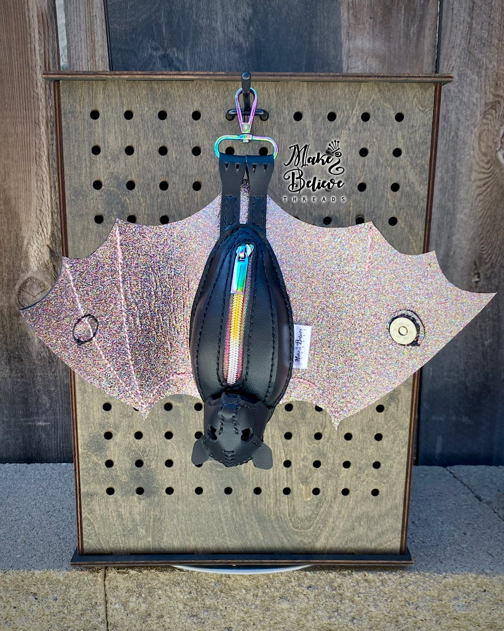 Black Faux Leather Glitter-Lined Bat Coin Pouch