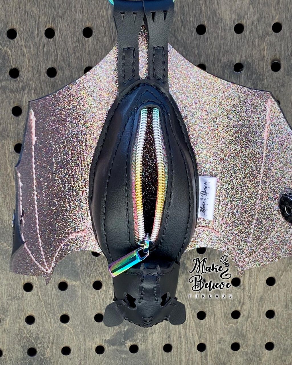 Black Faux Leather Glitter-Lined Bat Coin Pouch