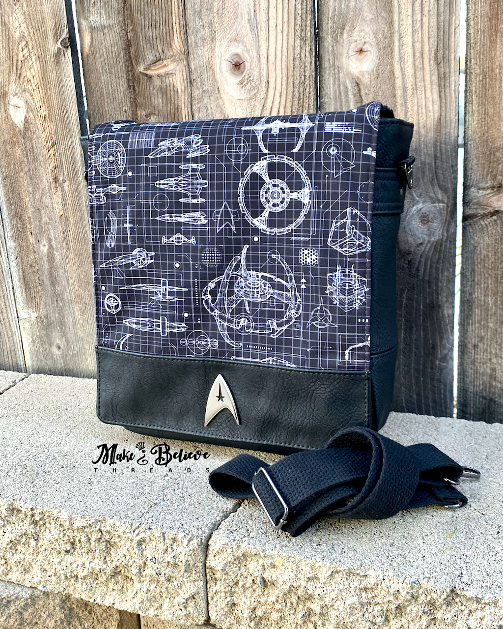 Black Space Fleet Blueprint Tablet-Sized Messenger Bag