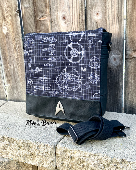 Black Space Fleet Blueprint Tablet-Sized Messenger Bag