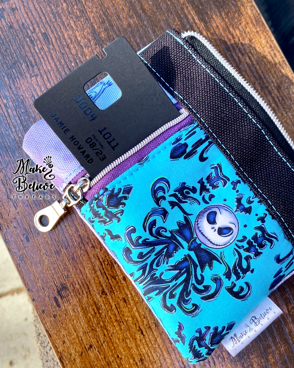 Black & Teal Jack Damask Mini Zip Wallet