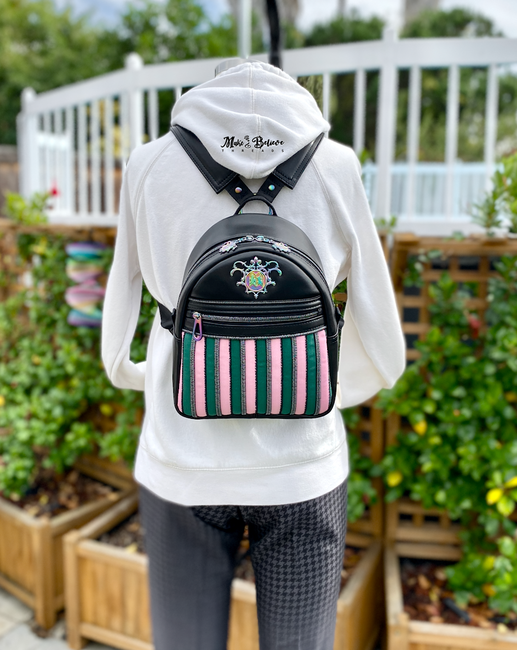 Black Wicked Backpack with Custom Green and Pink Zippered Textile