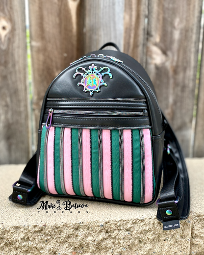 Black Wicked Backpack with Custom Green and Pink Zippered Textile