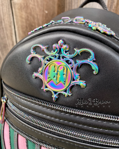 Black Wicked Backpack with Custom Green and Pink Zippered Textile