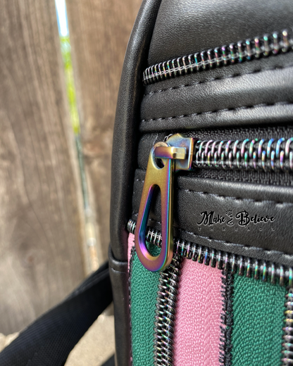 Black Wicked Backpack with Custom Green and Pink Zippered Textile