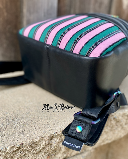 Black Wicked Backpack with Custom Green and Pink Zippered Textile