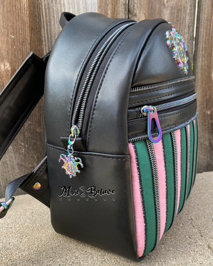 Black Wicked Backpack with Custom Green and Pink Zippered Textile
