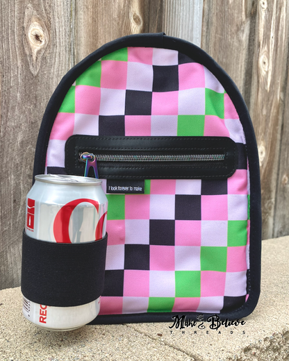 Black Wicked Backpack with Custom Green and Pink Zippered Textile