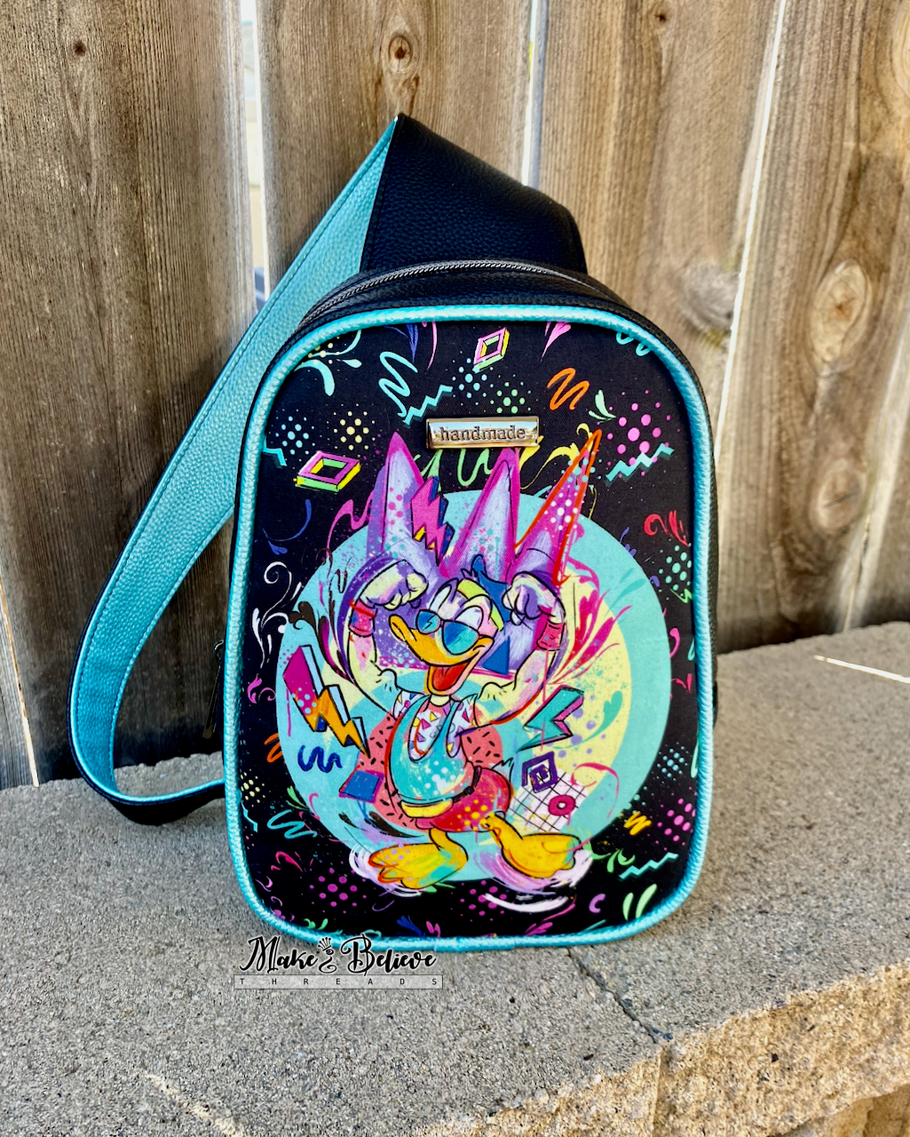 Black and Teal DF Duck Party-Time Medium Sling Bag