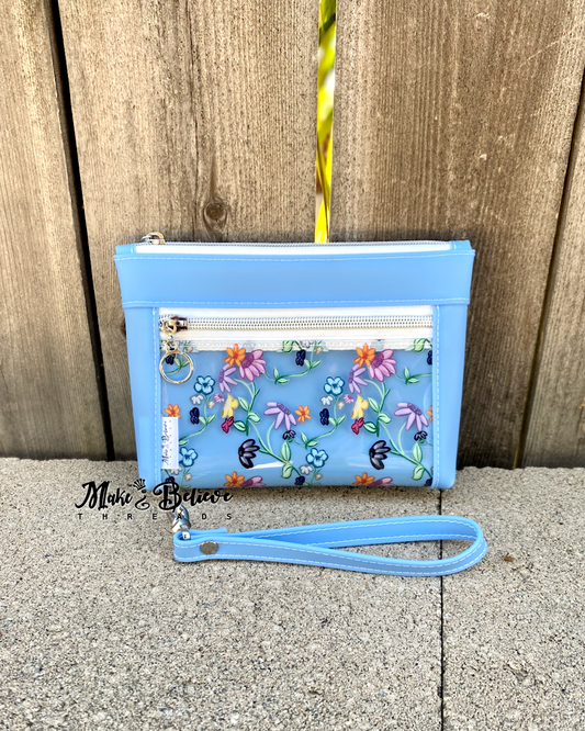 Blue Jelly with Clear Flowers Pouch with Wristlet Strap