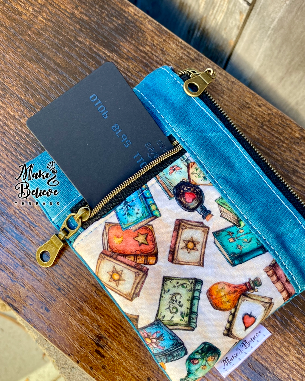 Blue Waxed Canvas Tossed Witchy Books Mini Zip Wallet