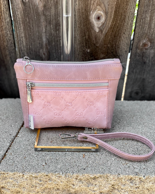 Bow Kitty Pink Faux Suede Pouch with Wristlet Strap