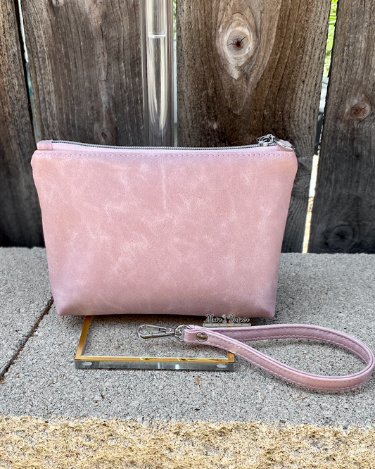 Bow Kitty Pink Faux Suede Pouch with Wristlet Strap