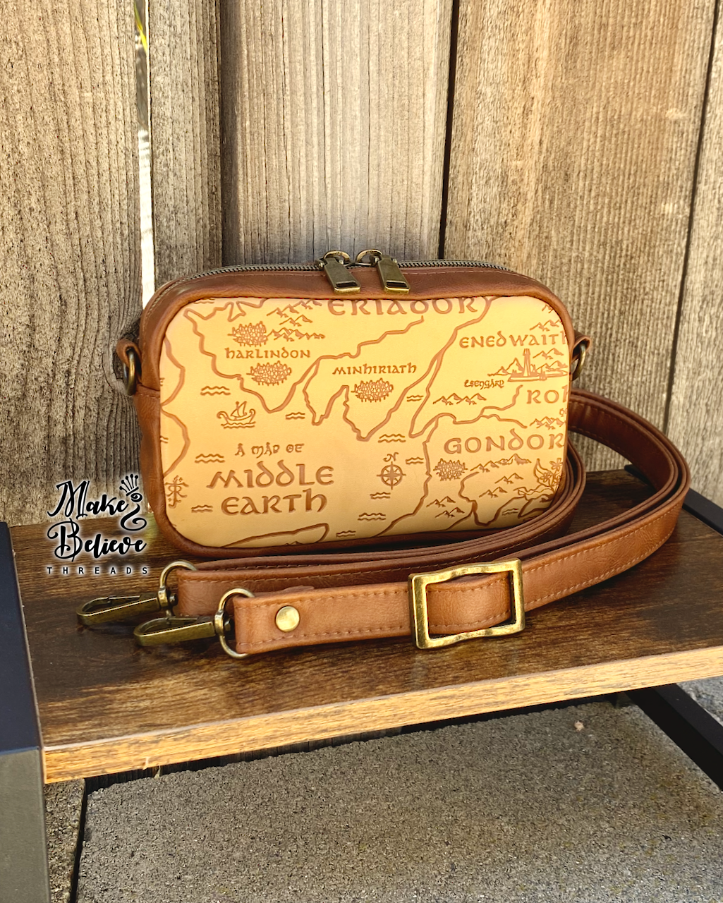 Brown Debossed LOTR Map Mini Crossbody Bag