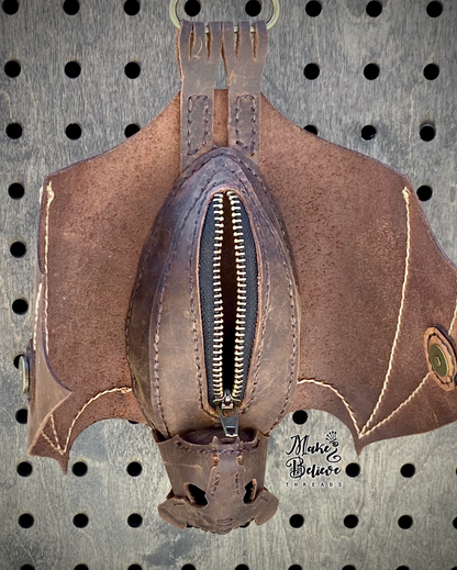 Brown Full-Grain Distressed Buffalo Leather Bat Coin Pouch