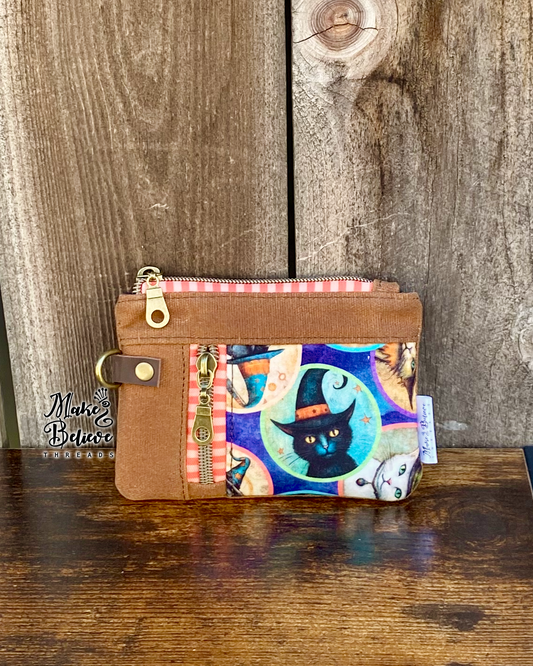 Brown Waxed Canvas Witchy Black Cat Mini Zip Wallet