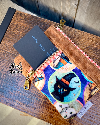 Brown Waxed Canvas Witchy Black Cat Mini Zip Wallet