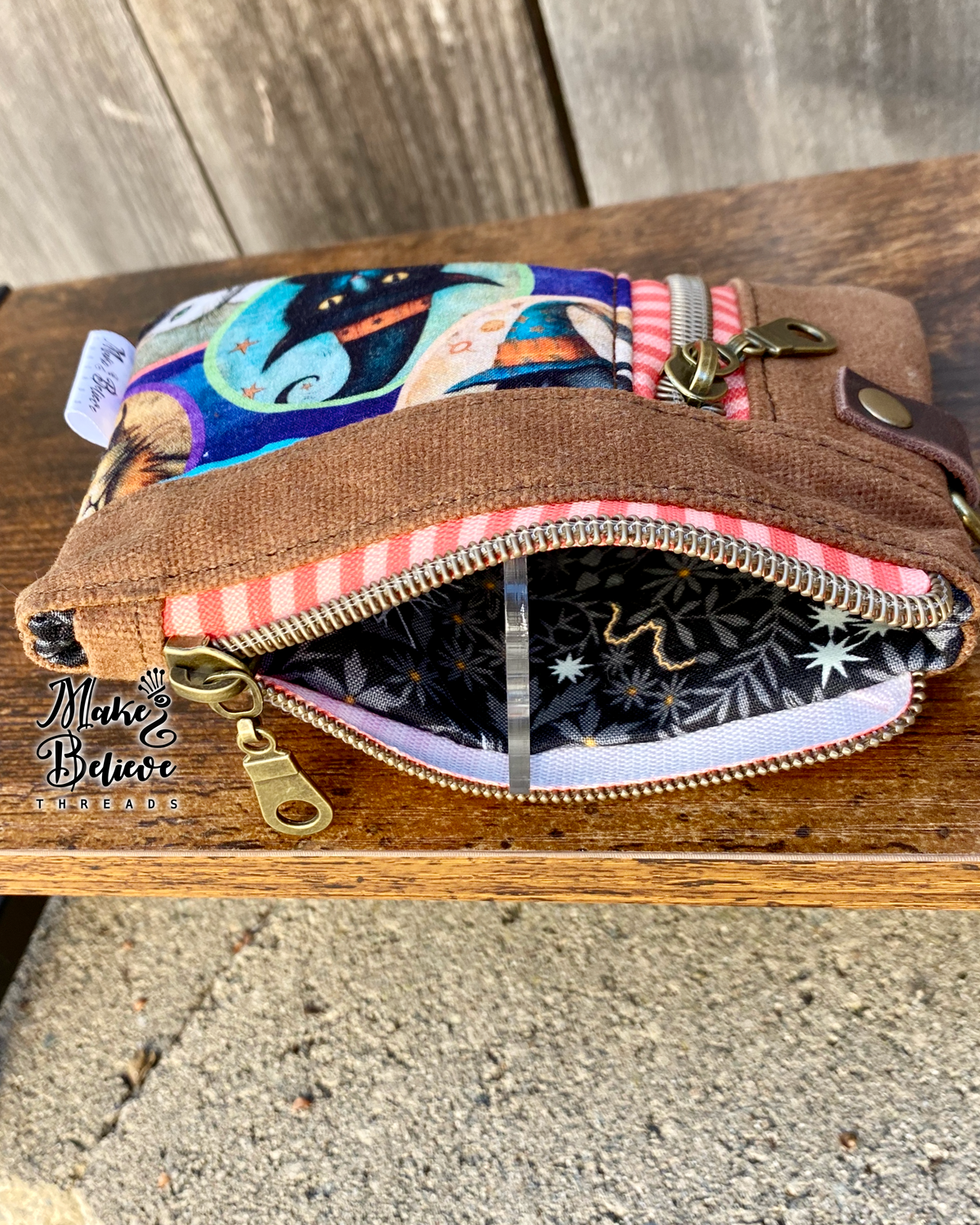 Brown Waxed Canvas Witchy Black Cat Mini Zip Wallet