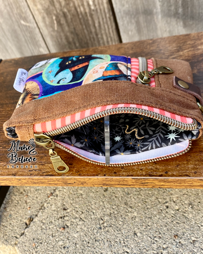 Brown Waxed Canvas Witchy Black Cat Mini Zip Wallet