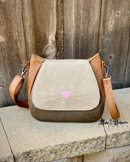 Brown and Cream Cat Face Crossbody Bag