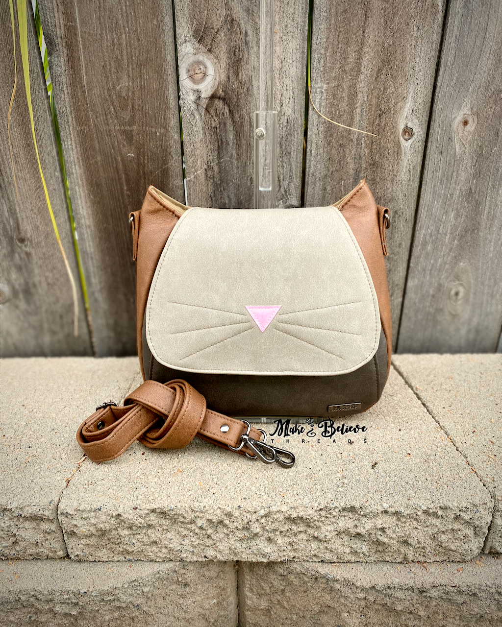 Brown and Cream Cat Face Crossbody Bag