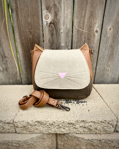 Brown and Cream Cat Face Crossbody Bag