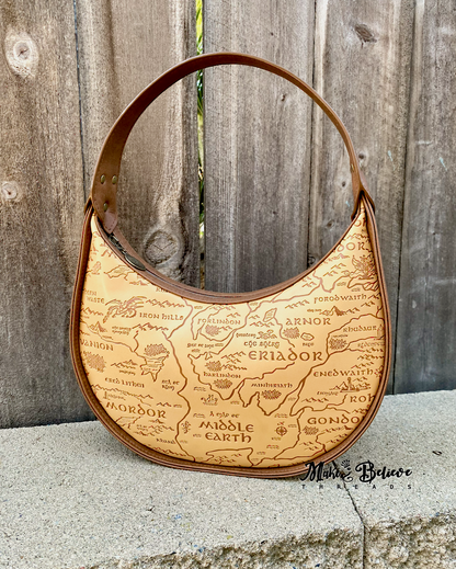 Brown and Tan Debossed LOTR Map Demi-Circle Shoulder Bag