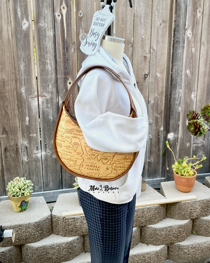 Brown and Tan Debossed LOTR Map Demi-Circle Shoulder Bag