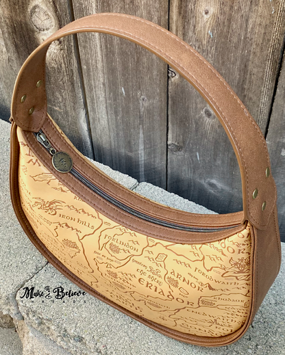 Brown and Tan Debossed LOTR Map Demi-Circle Shoulder Bag