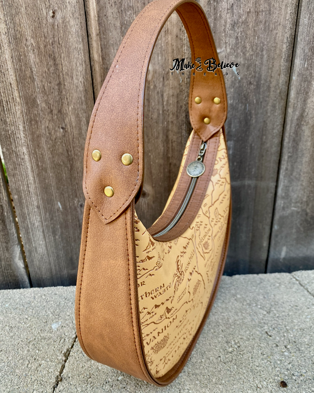 Brown and Tan Debossed LOTR Map Demi-Circle Shoulder Bag
