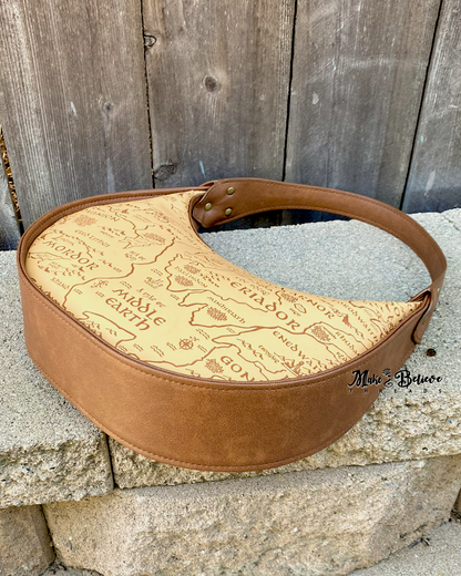 Brown and Tan Debossed LOTR Map Demi-Circle Shoulder Bag