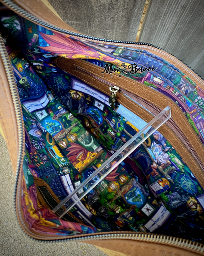 Brown and Tan Debossed LOTR Map Demi-Circle Shoulder Bag