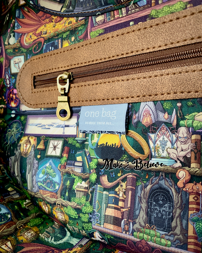 Brown and Tan Debossed LOTR Map Demi-Circle Shoulder Bag
