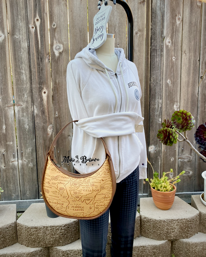 Brown and Tan Debossed LOTR Map Demi-Circle Shoulder Bag