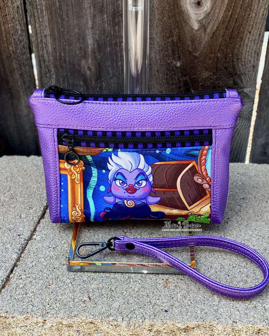 Cartoon Sea Witch Shimmering Purple Pouch with Wristlet Strap