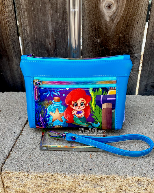Cartoon Singing Mermaid Turquoise Pouch with Wristlet Strap