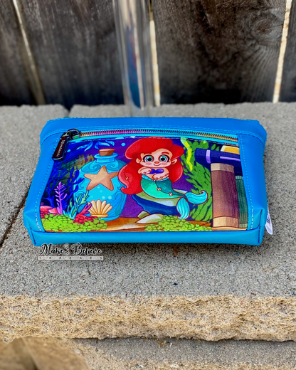 Cartoon Singing Mermaid Turquoise Pouch with Wristlet Strap