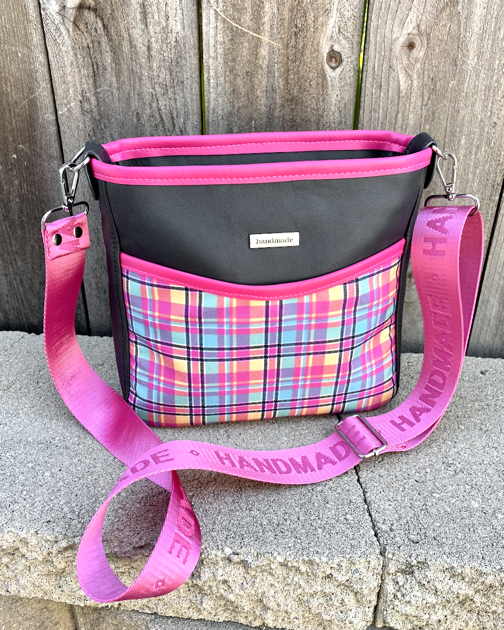 Charcoal Black with Pink Plaid Everyday Crossbody Bag