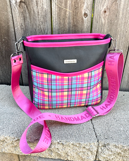 Charcoal Black with Pink Plaid Everyday Crossbody Bag