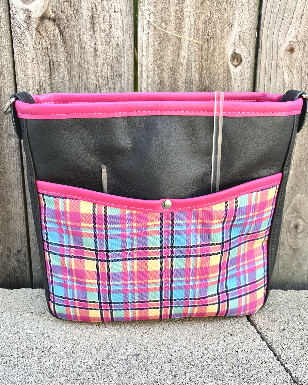 Charcoal Black with Pink Plaid Everyday Crossbody Bag
