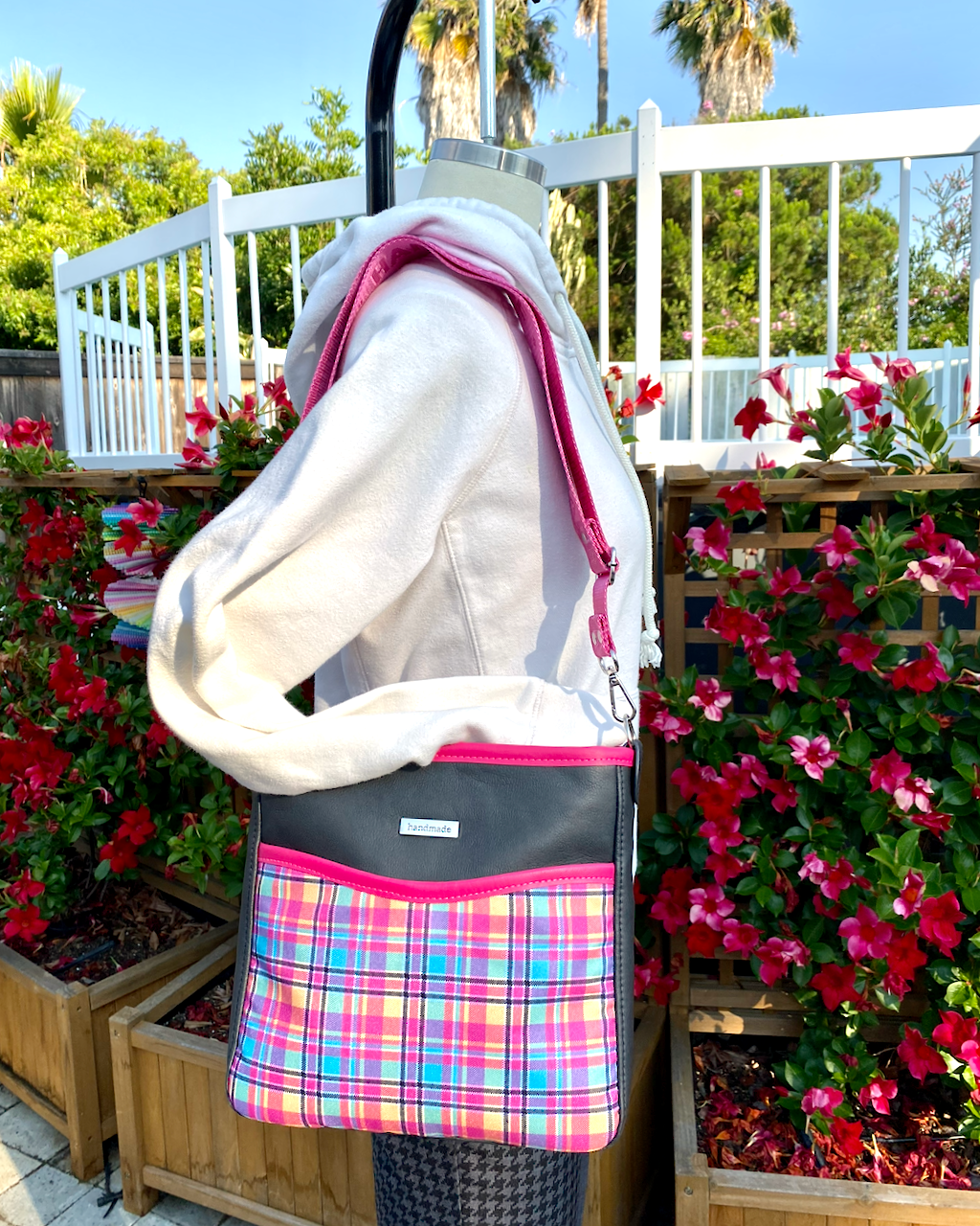 Charcoal Black with Pink Plaid Everyday Crossbody Bag