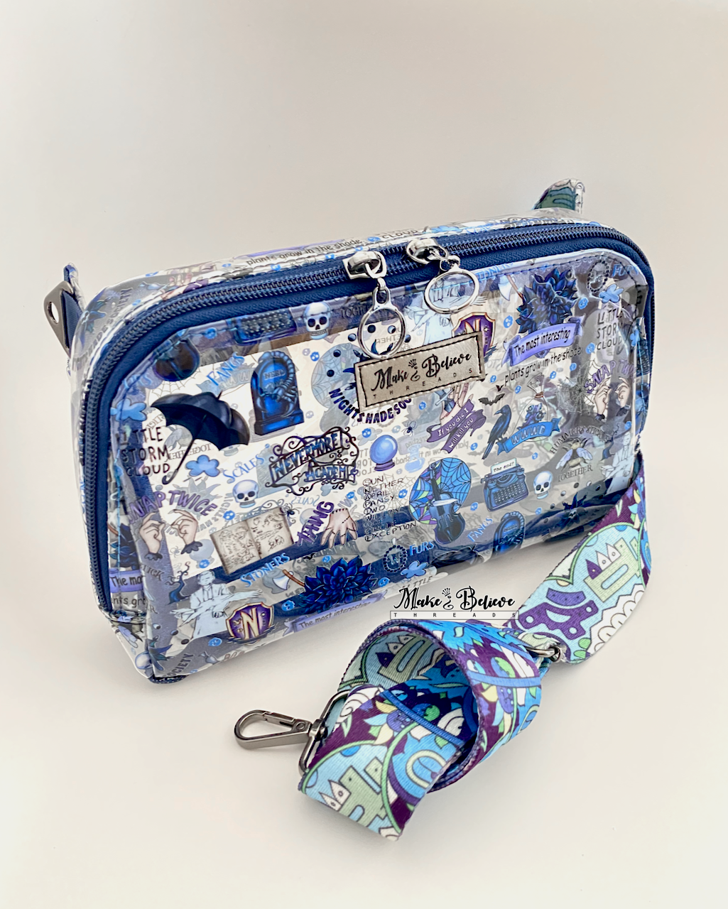 Transparent hip bag with blue accents and a Wednesday icons on a white background