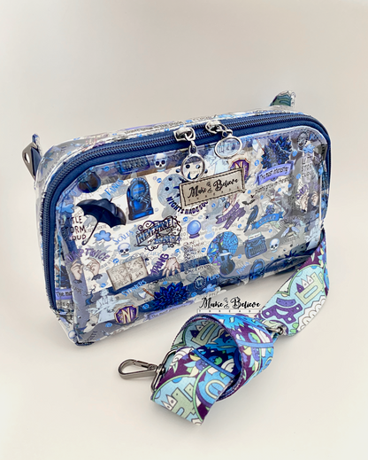 Transparent hip bag with blue accents and a Wednesday icons on a white background
