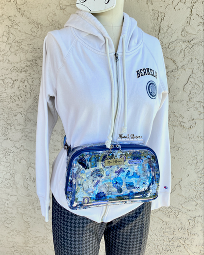 Mannequin with a transparent pack with blue accents and a Wednesday icons worn around the hip, photographed on a neutral background.